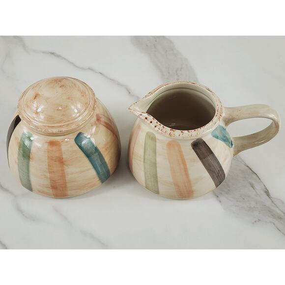 Oneida Teramo Stripes Creamer & Sugar Bowl w/ Lid Stoneware Glazed 1999 Vintage - Picture 7 of 14